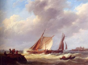 Johannes Hermanus Koekkoek : Fishermen On A Jetty Overlooking A River Estuary
